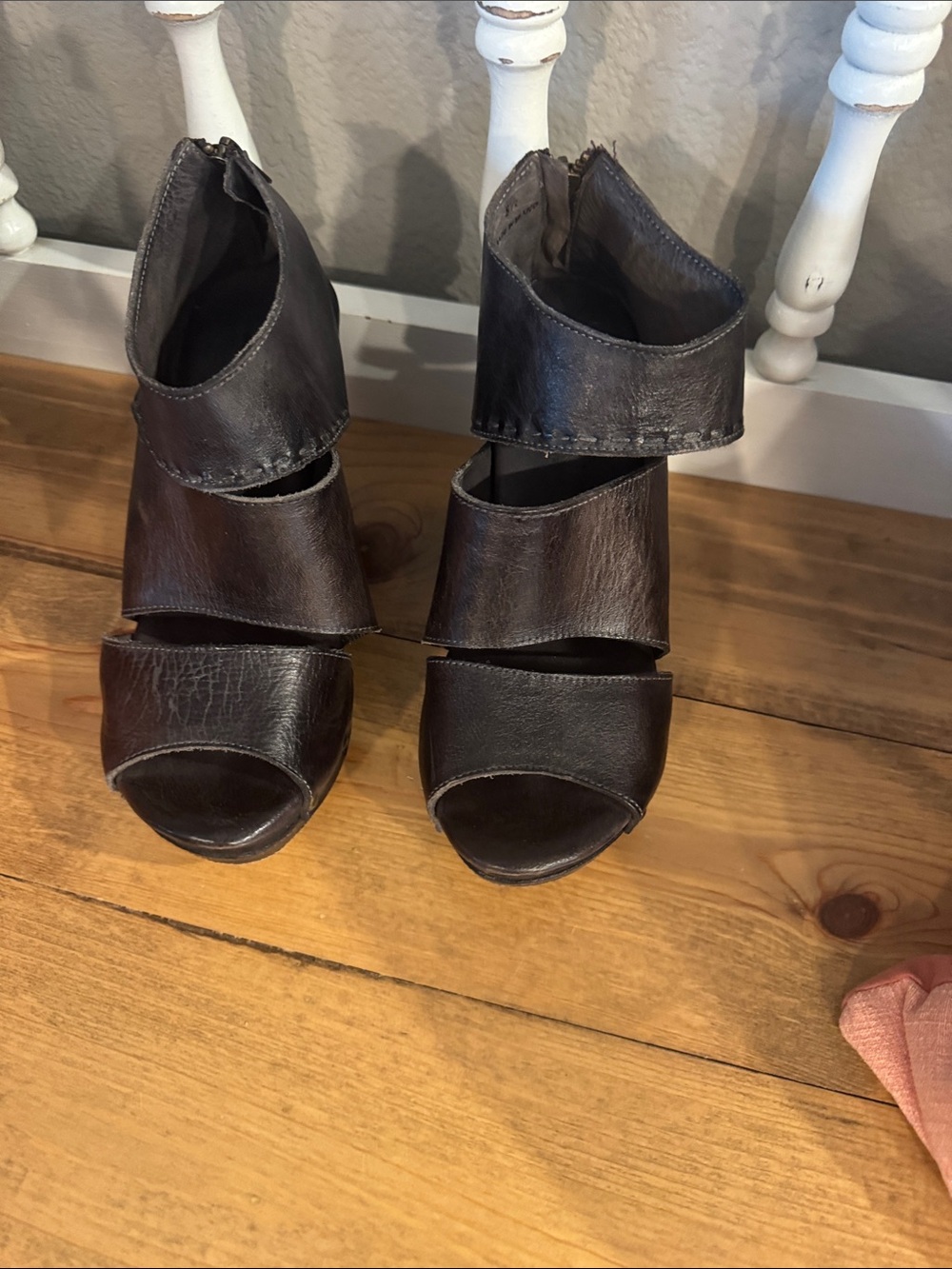 BED|STU Black Leather Peep-Toe Strappy Ankle Heels